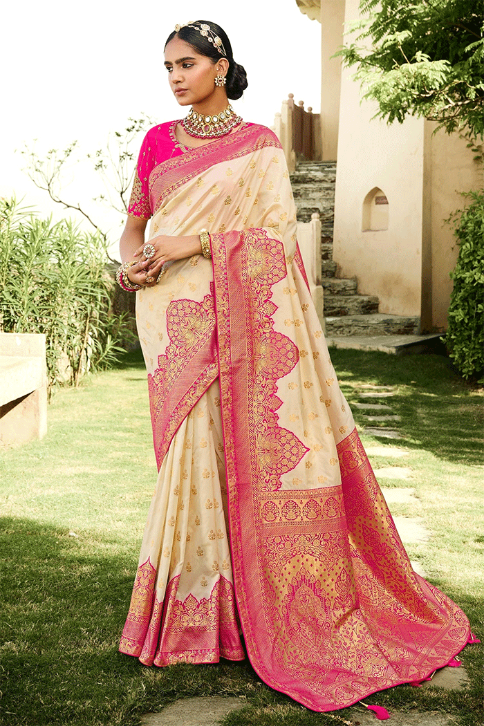 Buy MySilkLove Tequila White and Pink Zari Woven Banarasi Saree Online