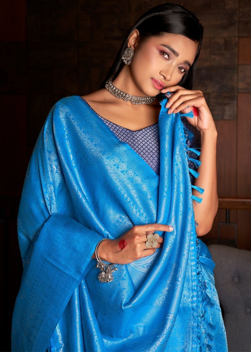 Buy MySilkLove Viking Blue Zari Woven Kanjivaram Silk Saree Online