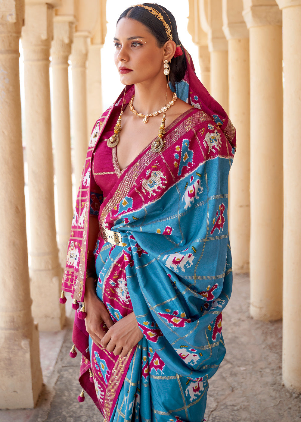 Buy MySilkLove Blue Chill and Pink Printed Patola Silk Saree Online