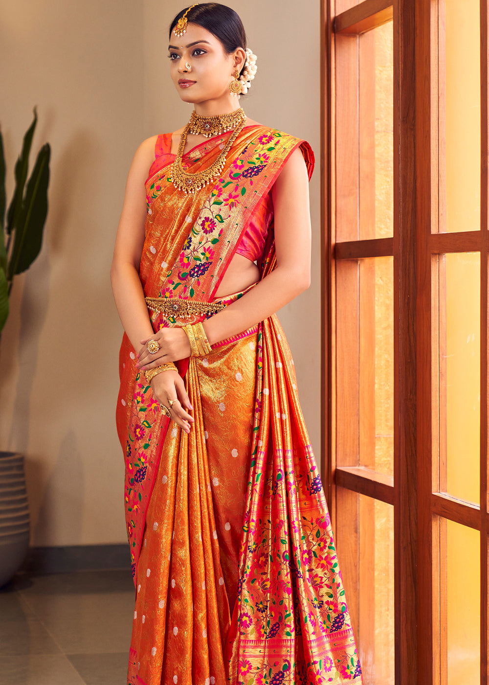 Buy MySilkLove Ochre Orange Woven Paithani Silk Saree Online