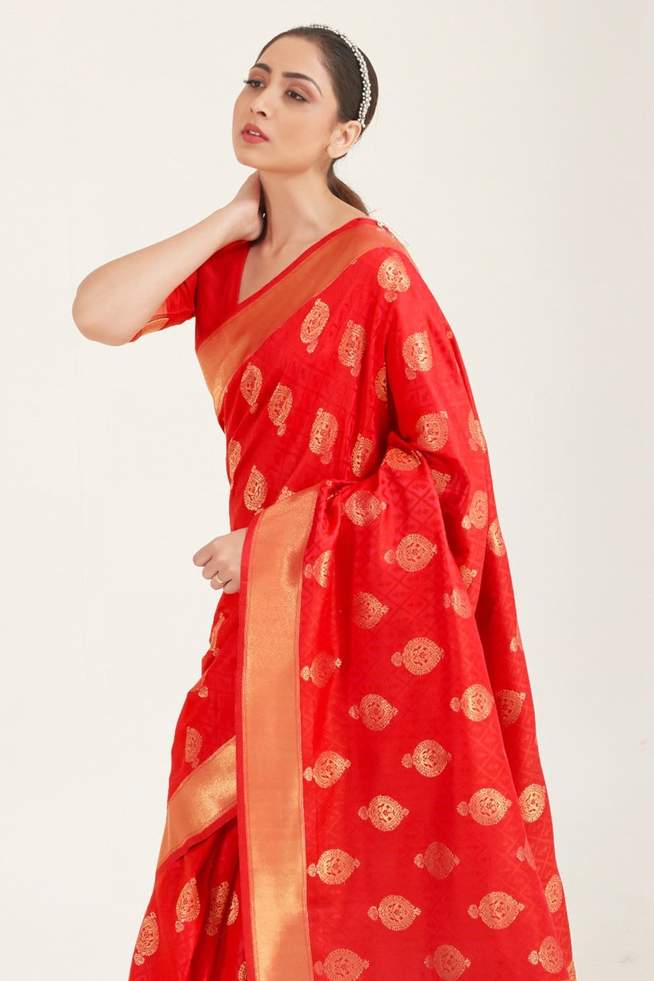 MySilkLove Crimson Red Zari Woven Banarasi Saree