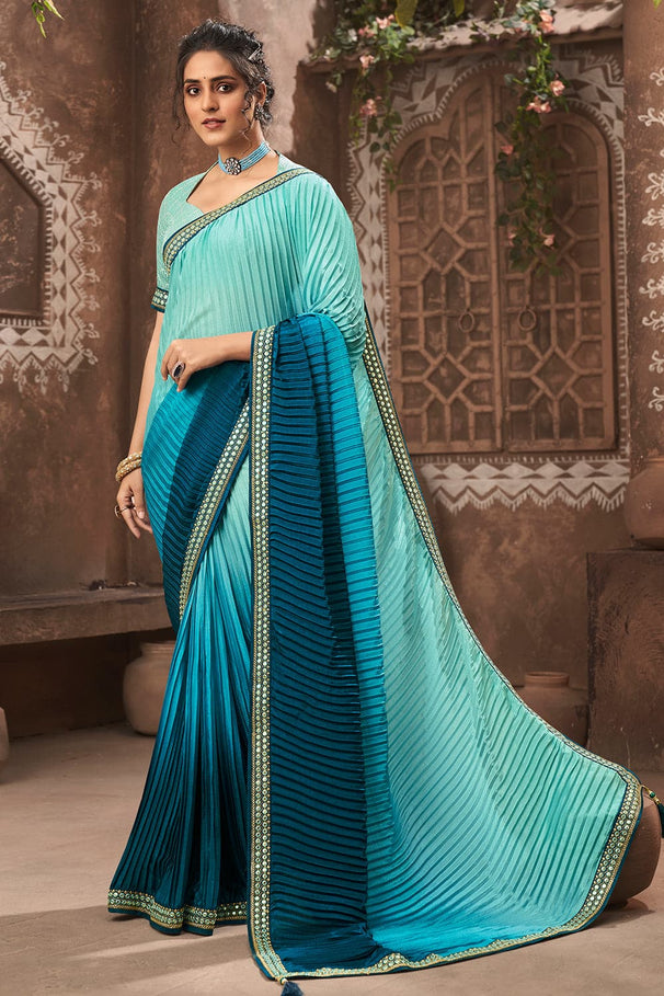 Buy MySilkLove Riptide Blue Dual Tone Chiffon Saree Online