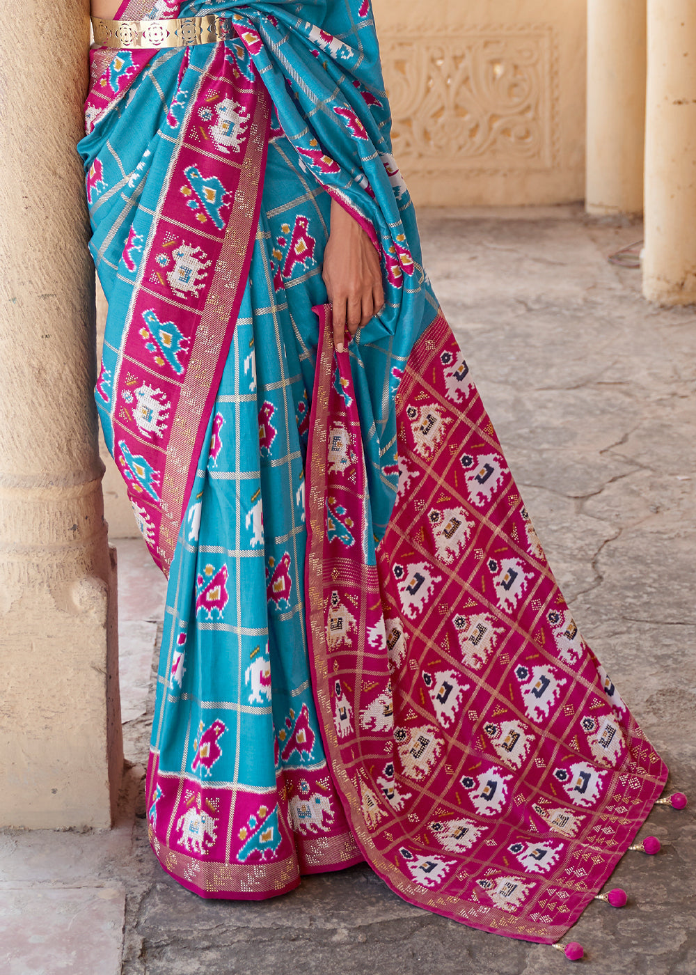 Buy MySilkLove Blue Chill and Pink Printed Patola Silk Saree Online