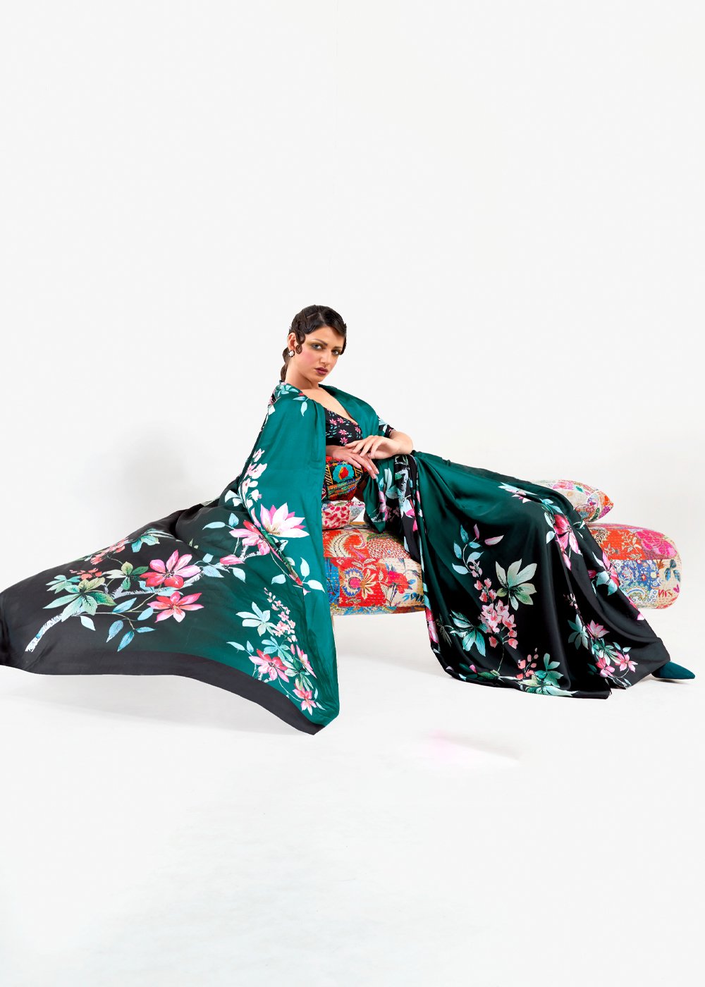 Buy MySilkLove Green Pea Printed Satin Silk Saree Online