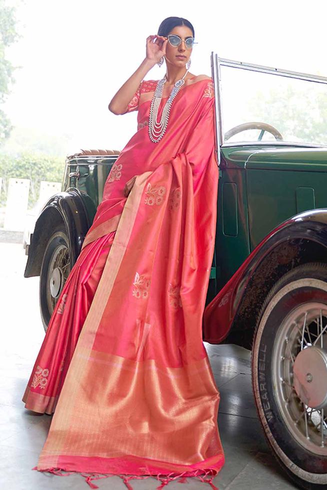 Buy MySilkLove Mahogany Pink Zari Woven Chanderi Banarasi Saree Online