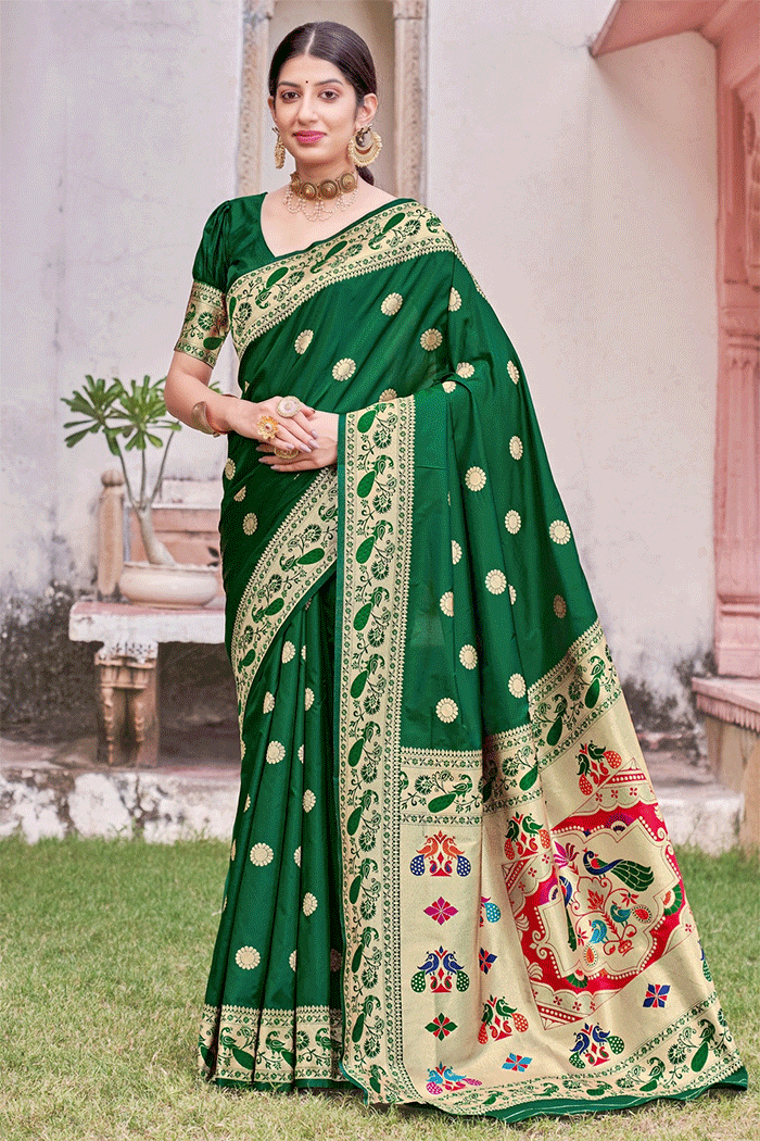 Buy MySilkLove Vista Green Handloom Woven Paithani Silk Saree Online
