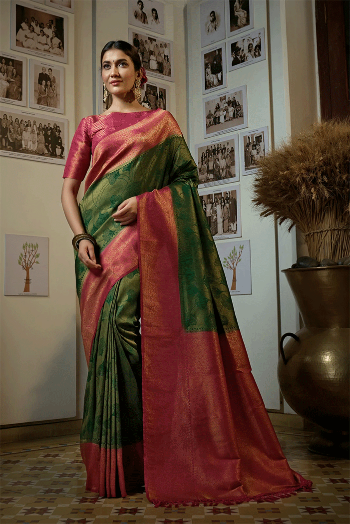 Buy MySilkLove Woodland Green and Pink Zari Woven Kanjivaram Saree Online