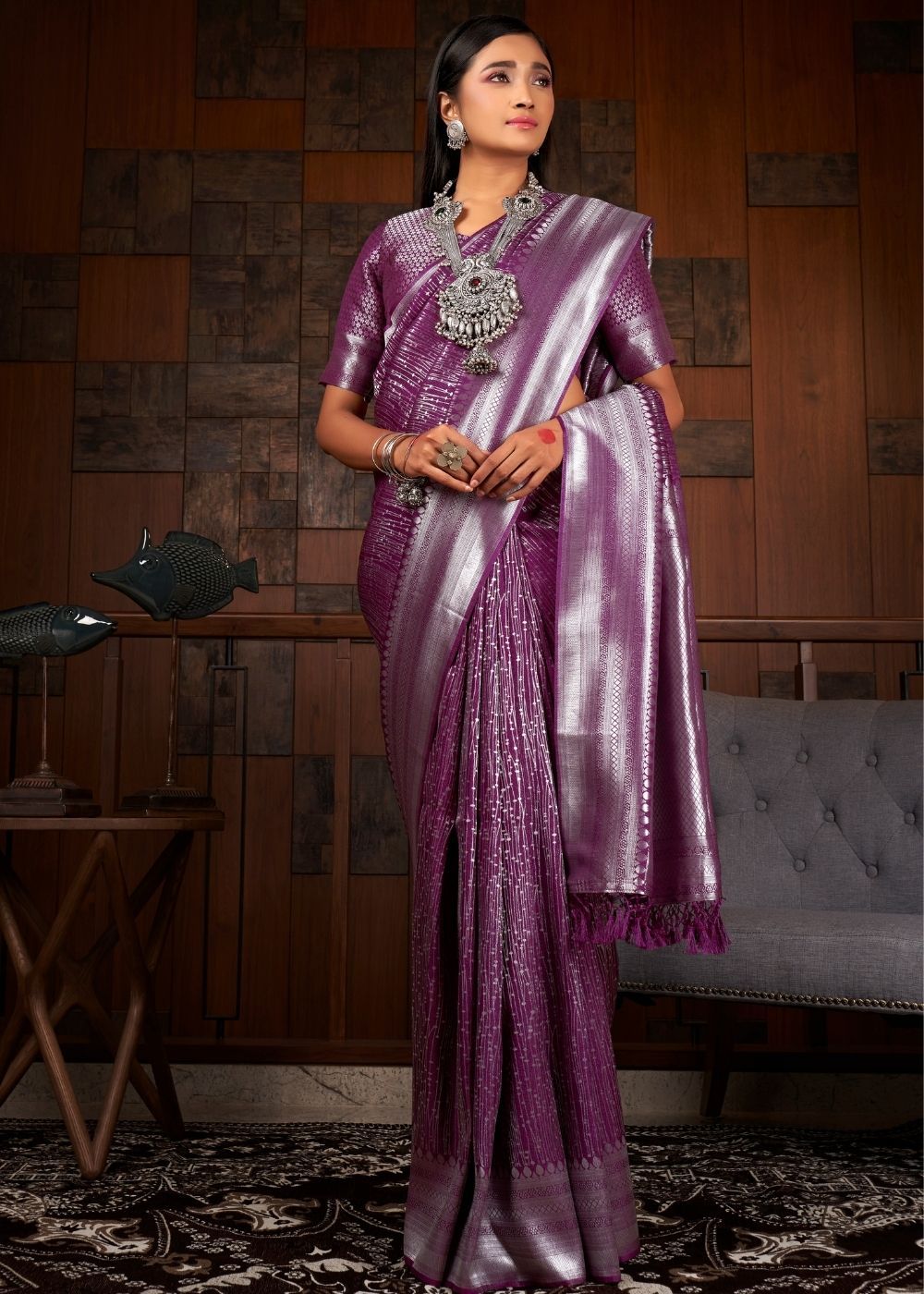 Buy MySilkLove Eggplant Purple Zari Woven Kanjivaram Silk Saree Online