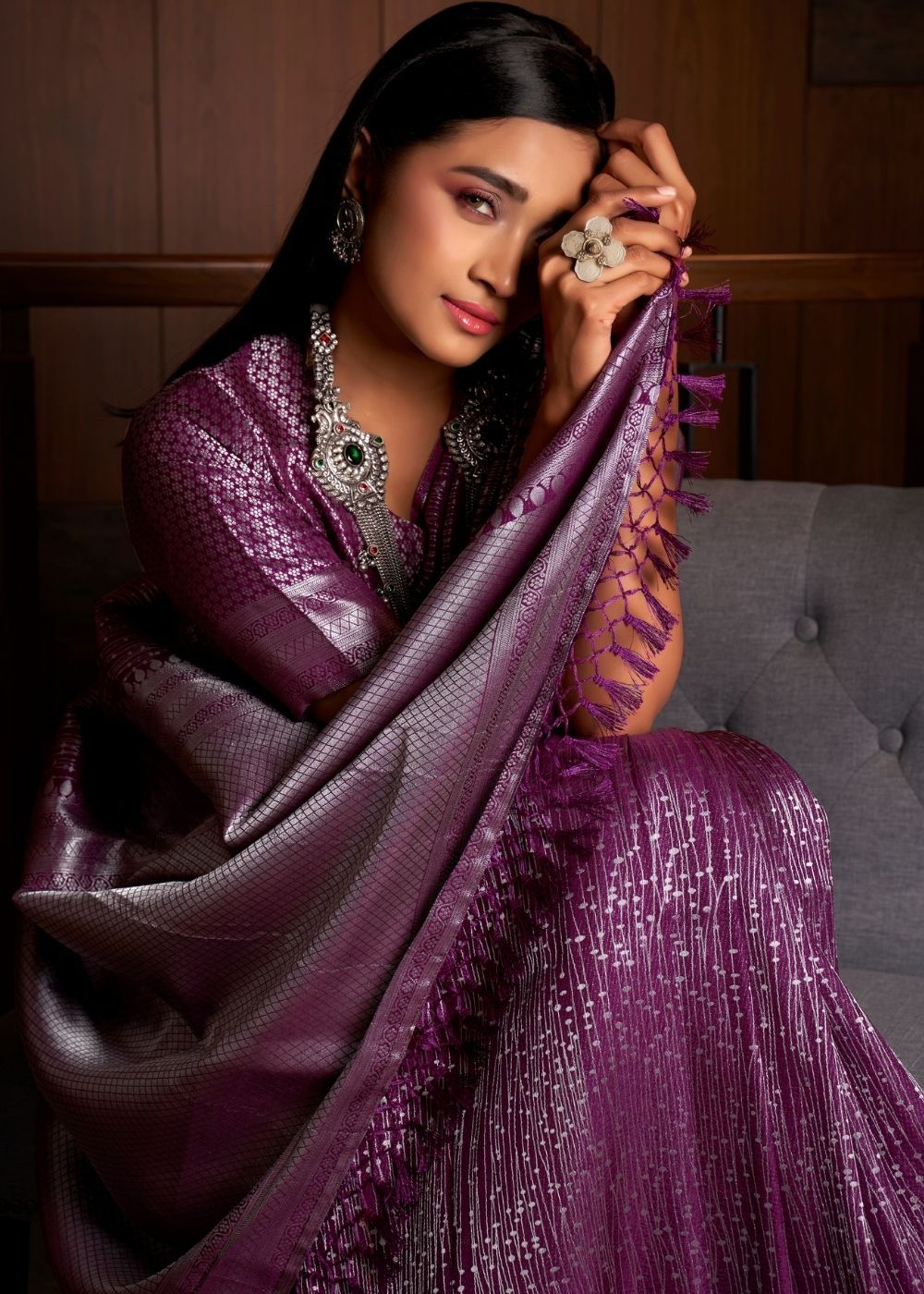 Buy MySilkLove Eggplant Purple Zari Woven Kanjivaram Silk Saree Online