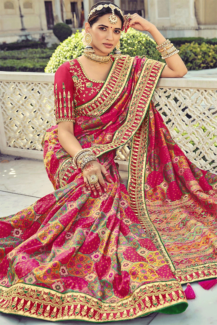 Buy MySilkLove Mahogany Pink Zari Woven Bandhej Patola Saree With Designer Blouse Online