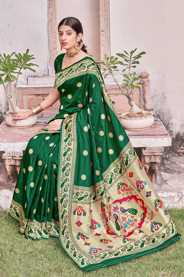 Buy MySilkLove Vista Green Handloom Woven Paithani Silk Saree Online
