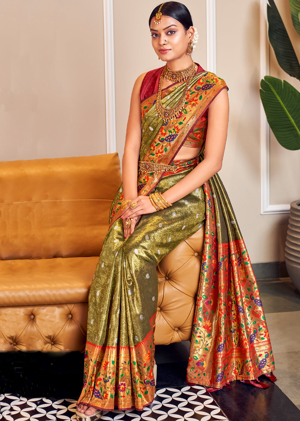 Buy MySilkLove Teak Green Shine Woven Paithani Silk Saree Online