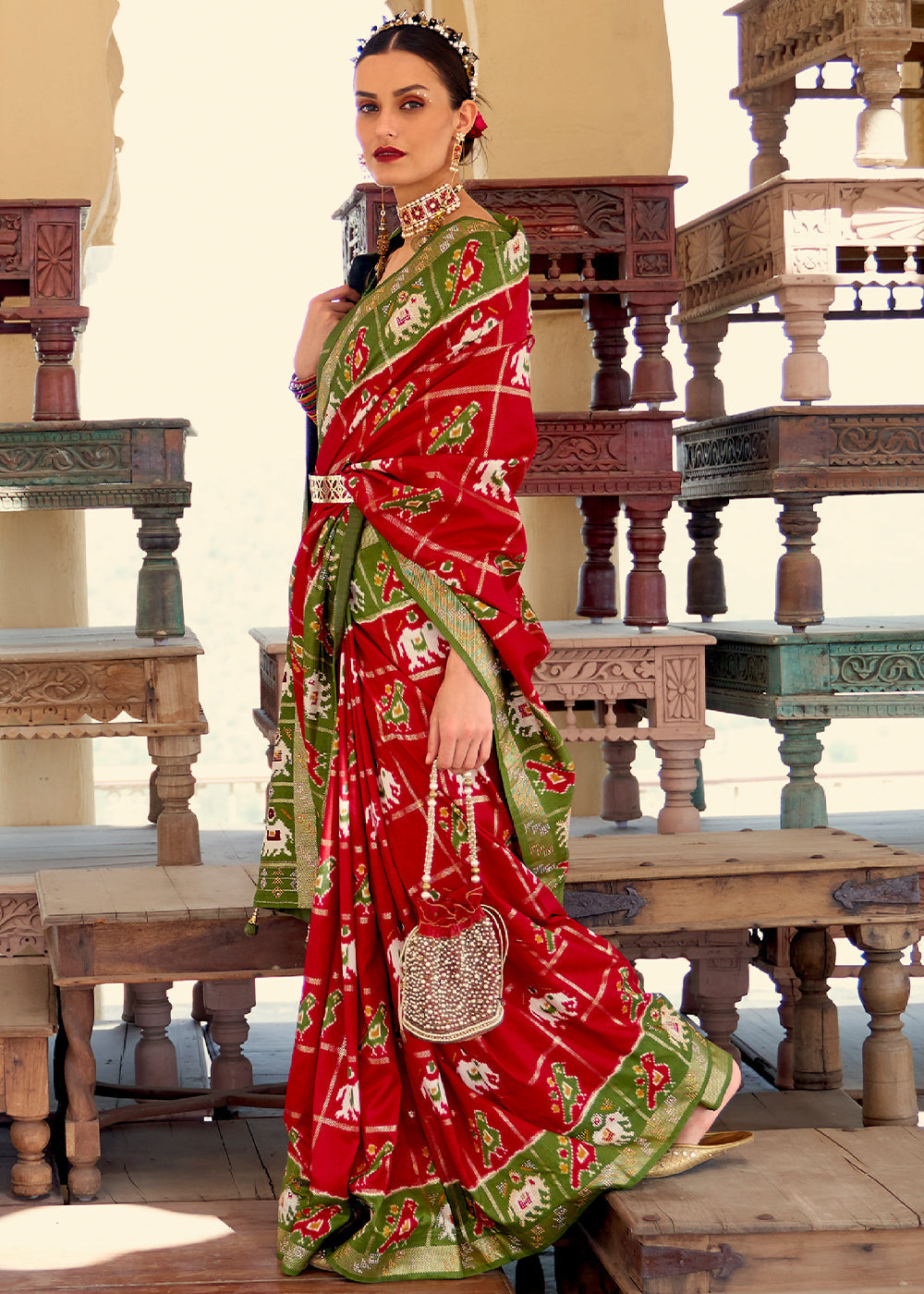 MySilkLove Mojo Red and Green Printed Patola Silk Saree