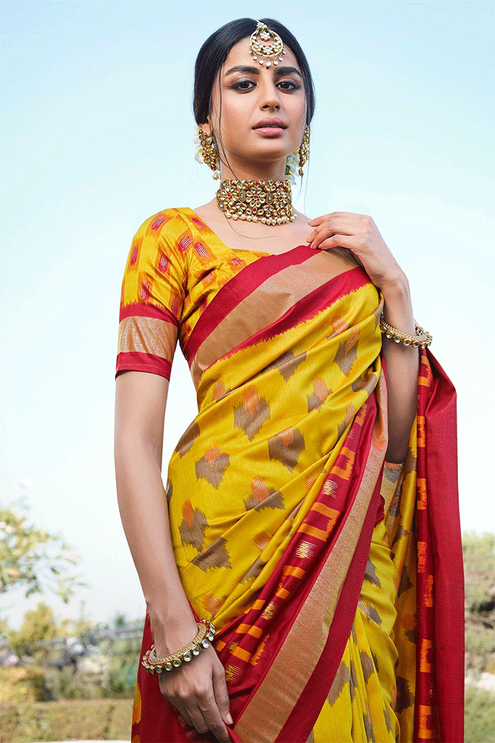 Buy MySilkLove Grass Yellow and Red Patola Silk Saree Online