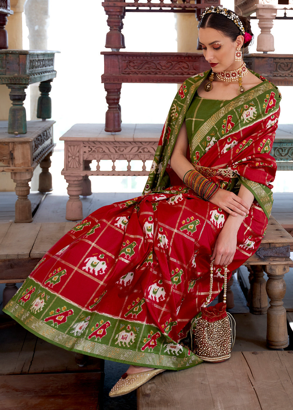 Buy MySilkLove Mojo Red and Green Printed Patola Silk Saree Online