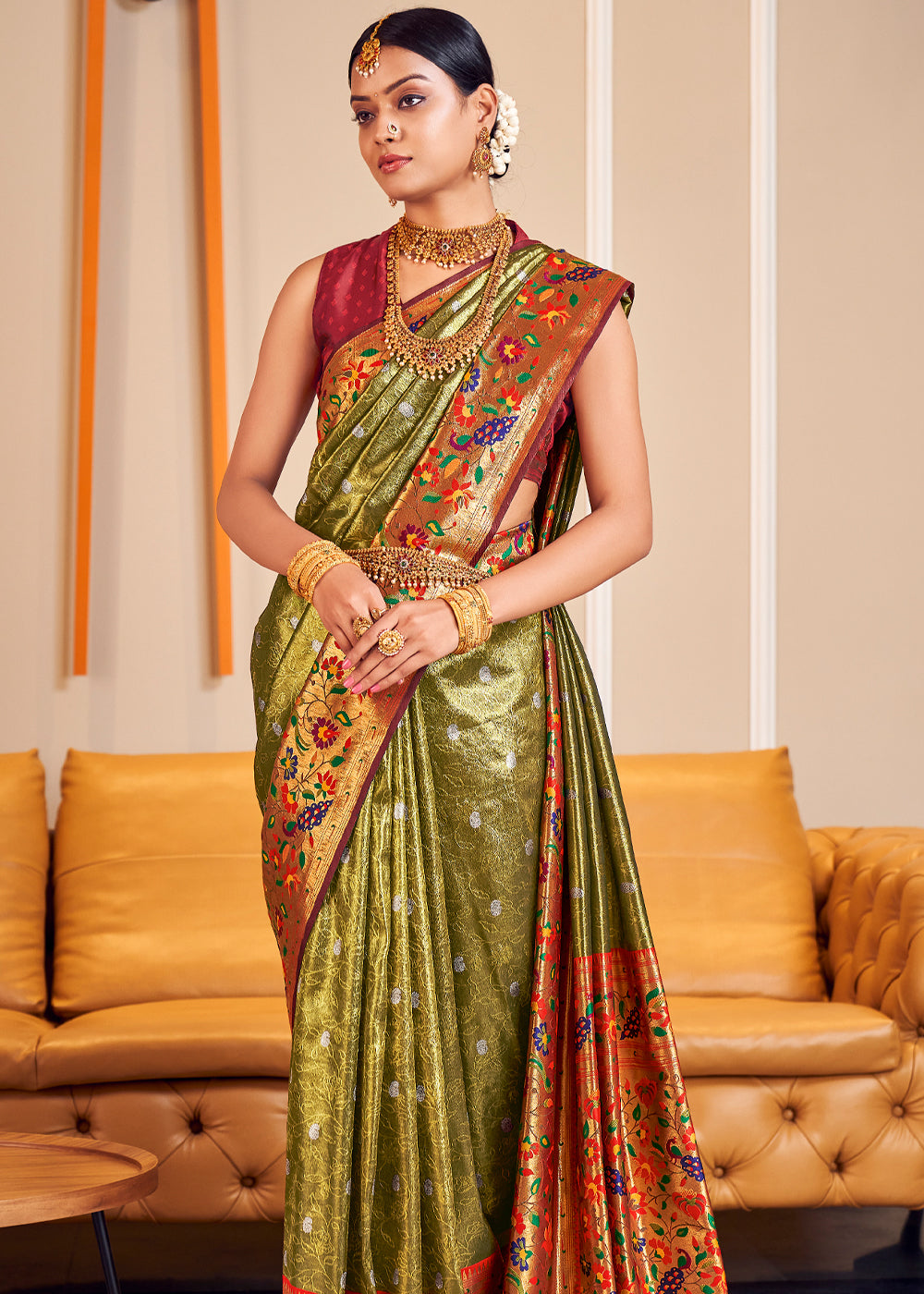 Buy MySilkLove Teak Green Shine Woven Paithani Silk Saree Online