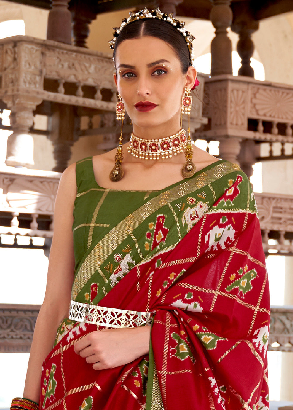 Buy MySilkLove Mojo Red and Green Printed Patola Silk Saree Online