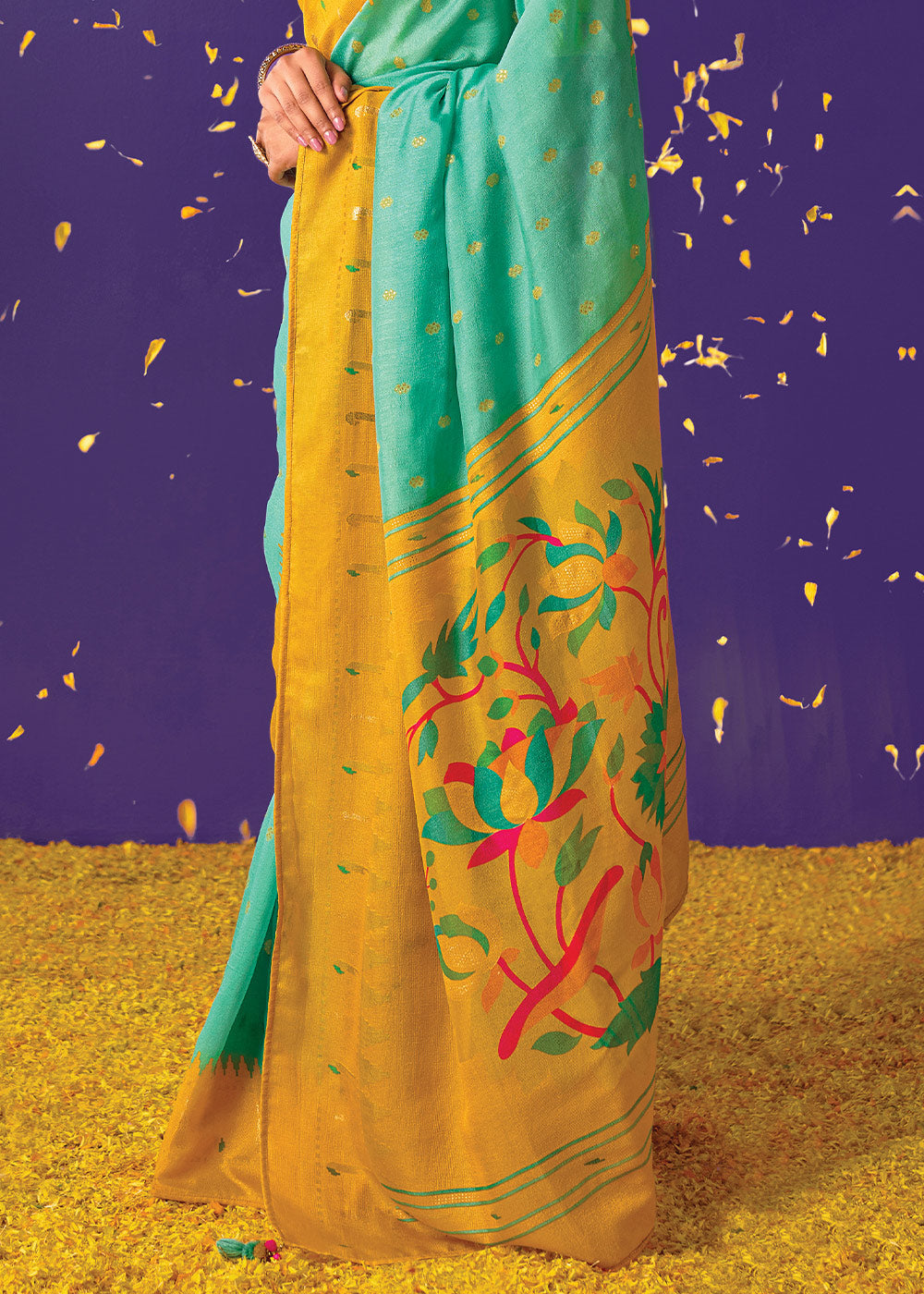 Buy MySilkLove Vista Blue Printed Paithani Saree With Embroidered Blouse Online