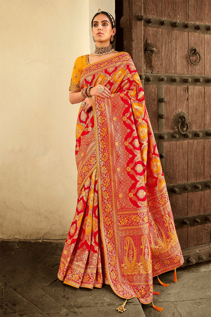 Buy MySilkLove Cinnabar Red and Yellow Zari Woven Banarasi Saree Online