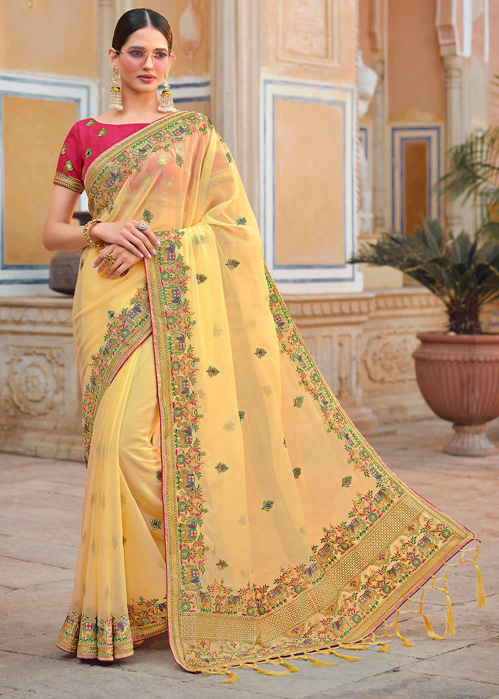 Buy MySilkLove Haze Yellow Woven Organza Saree with Embroidery Work Online