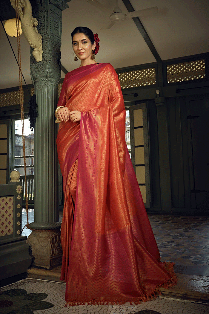 Buy MySilkLove Terracotta Orange and Pink Zari Woven Kanjivaram Saree Online