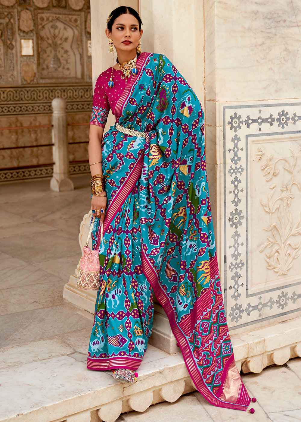 Buy MySilkLove Eastern Blue and Pink Cotton Patola Printed Saree Online