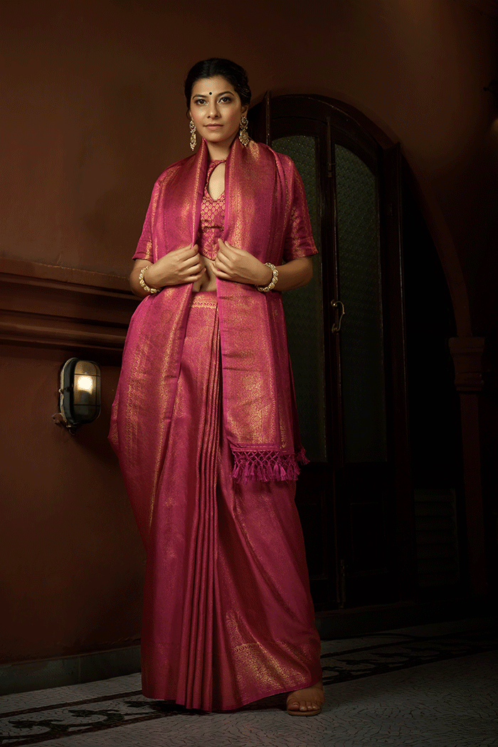 Buy MySilkLove Stiletto Pink Zari Woven Kanjivaram Saree Online