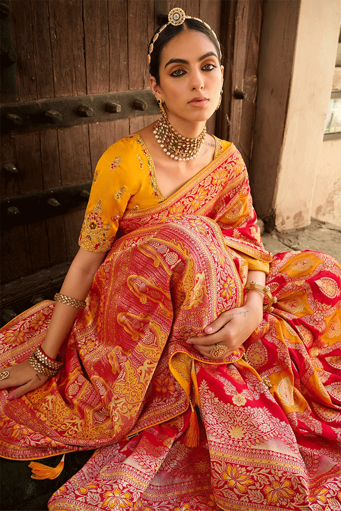 Buy MySilkLove Cinnabar Red and Yellow Zari Woven Banarasi Saree Online