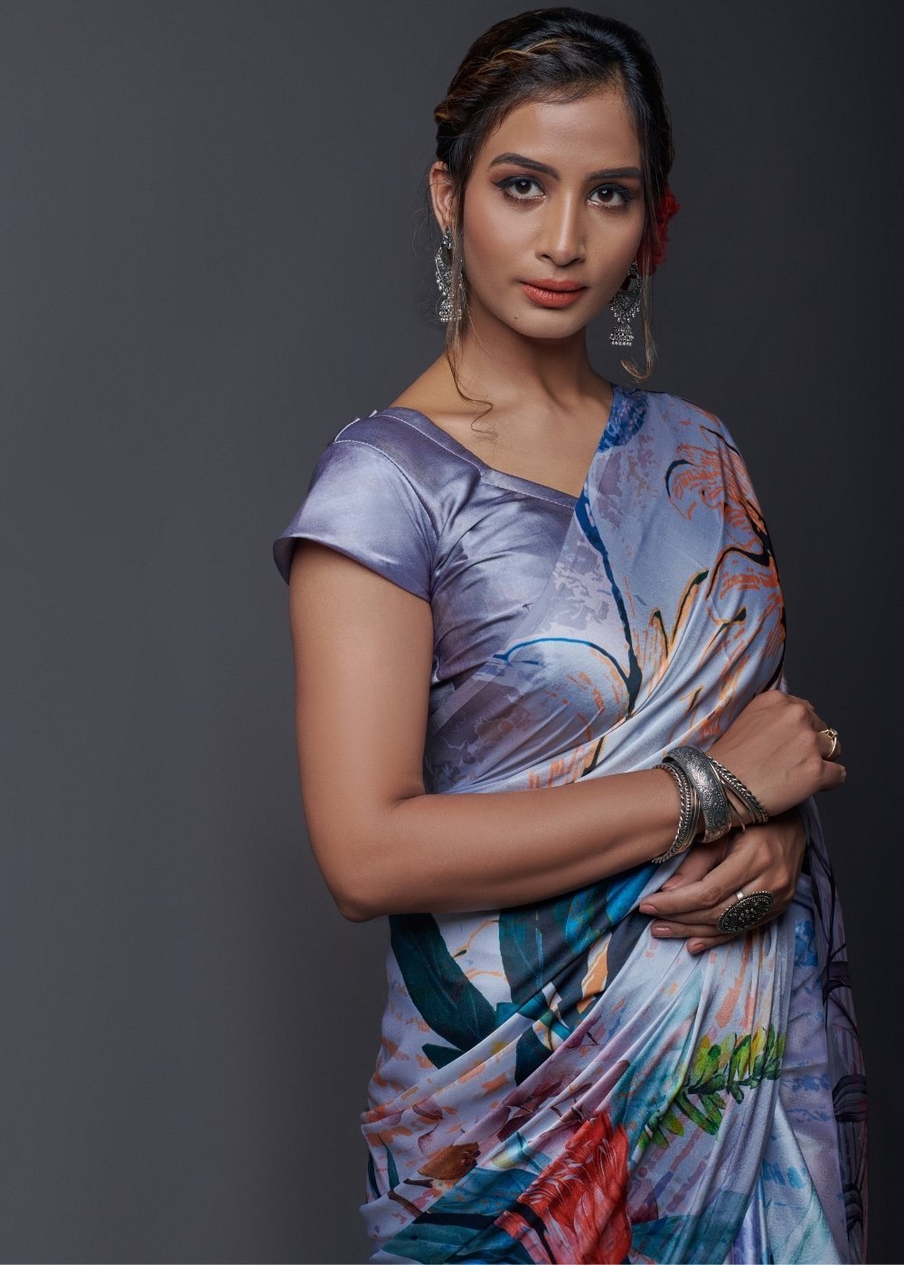 Buy MySilkLove Grey Printed Satin Silk Saree Online