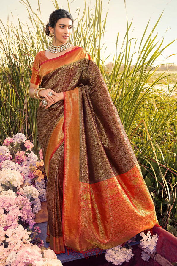 Buy MySilkLove Spicy Brown and Red Woven Kanjivaram Saree Online