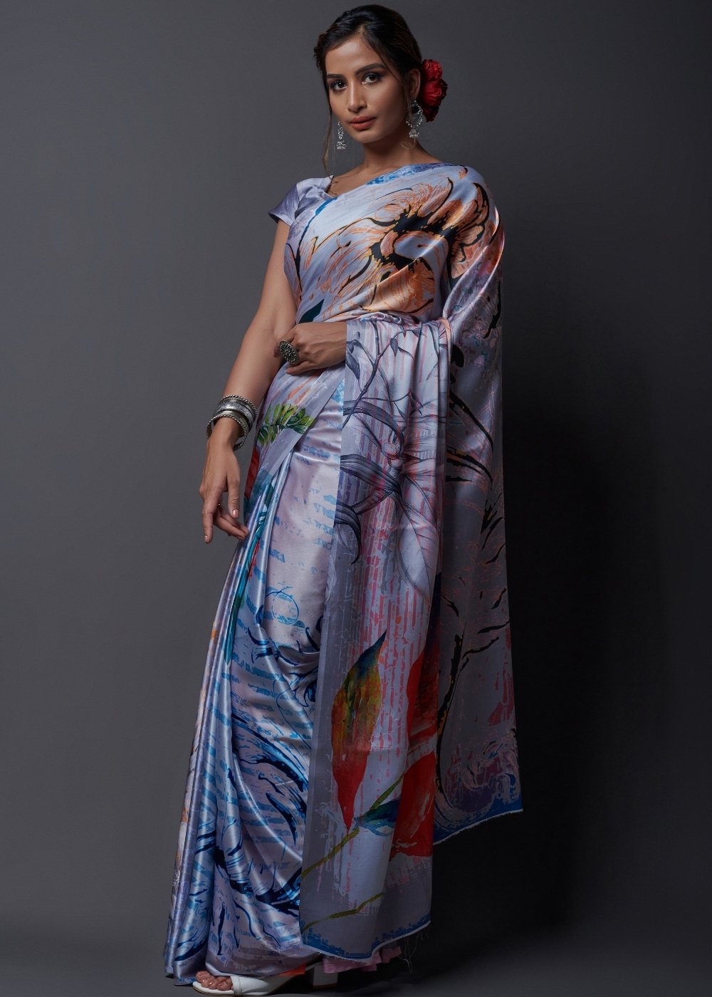 Buy MySilkLove Grey Printed Satin Silk Saree Online