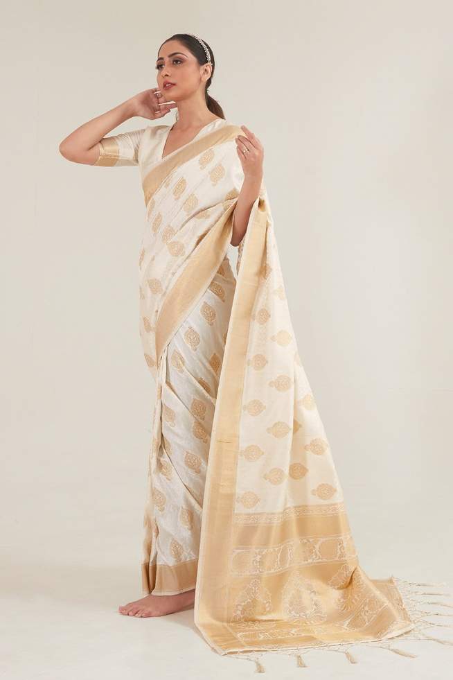 Buy MySilkLove Wafer White Zari woven Banarasi Saree Online