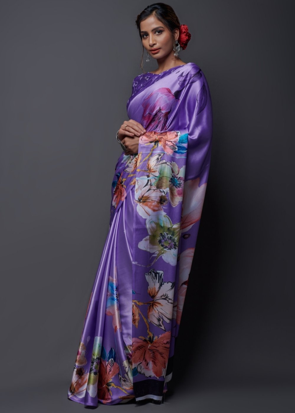 Buy MySilkLove Butterfly Bush Purple Satin Silk Saree Online