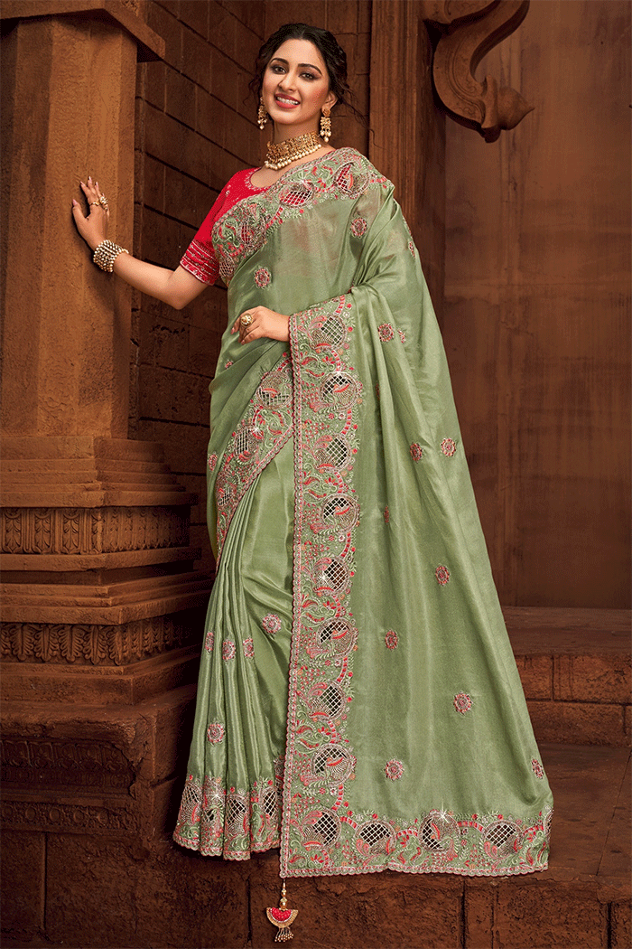 Buy MySilkLove Locust Green Zari Woven Organza Saree Online