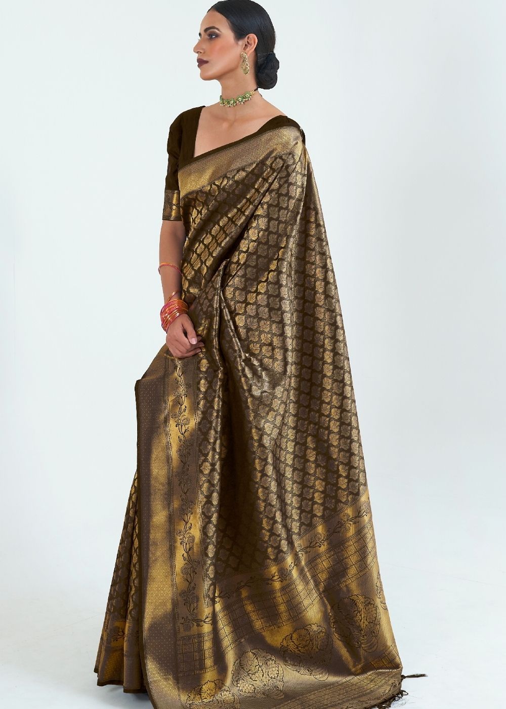 Buy MySilkLove Jacko Bean Brown Zari Woven Kanjivaram Silk saree Online