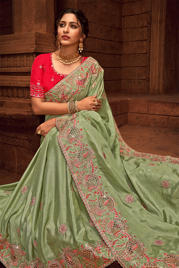 Buy MySilkLove Locust Green Zari Woven Organza Saree Online