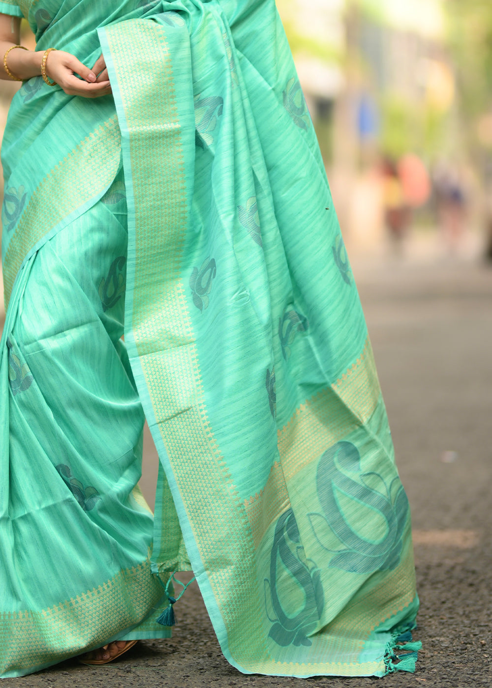 Buy MySilkLove Ocean Green Woven Soft Silk Saree Online