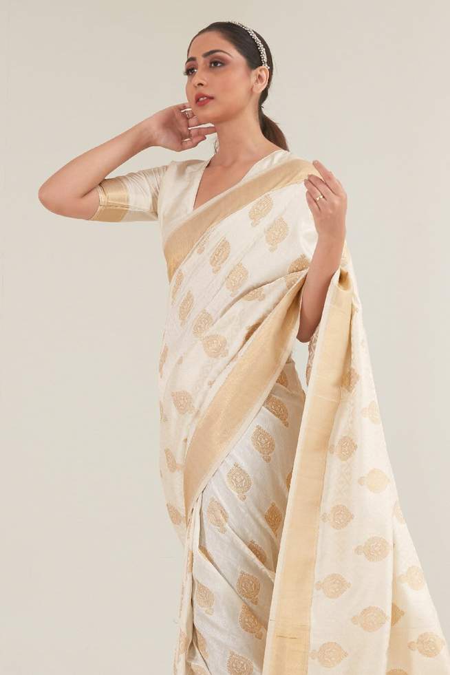 Buy MySilkLove Wafer White Zari woven Banarasi Saree Online