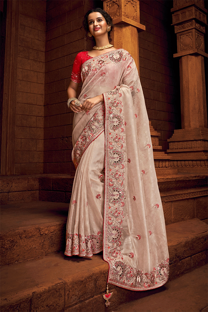 Buy MySilkLove Quicksand Cream Zari Woven Organza Saree Online