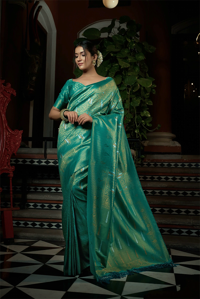 Buy MySilkLove Illuminating Blue Zari Woven Kanjivaram Saree Online