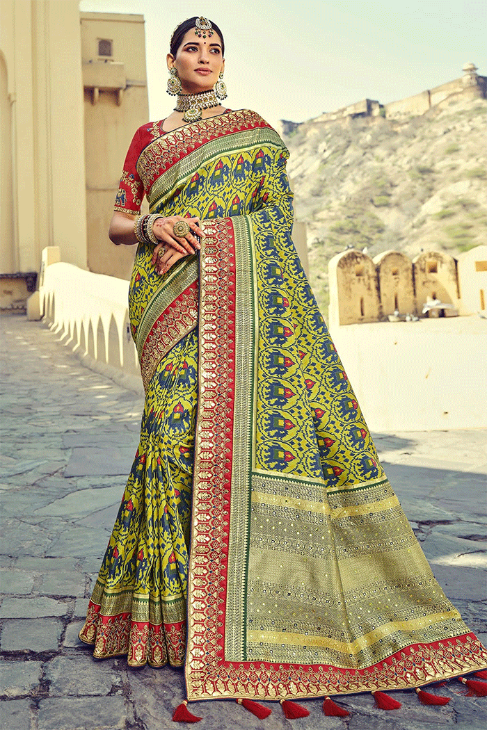 Buy MySilkLove Olive Green and Red Zari Woven Patola Saree With Designer Blouse Online