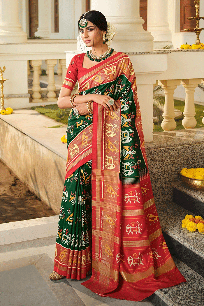 Buy MySilkLove Spring Green and Red Patola Silk Saree Online