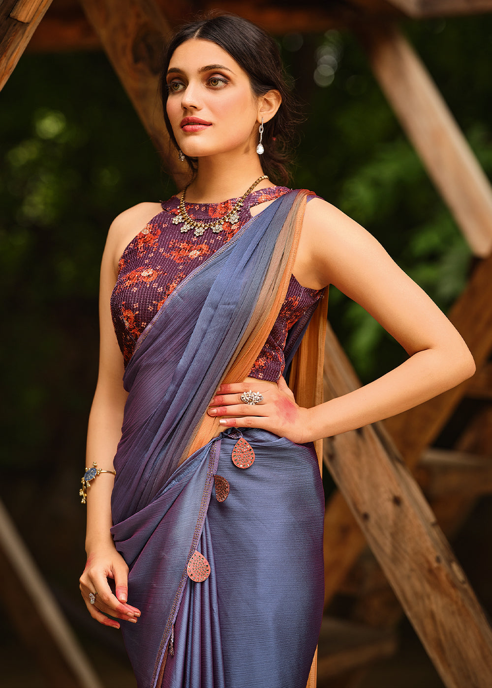 Buy MySilkLove Comet Blue and Orange Chiffon Saree With Printed Blouse Online
