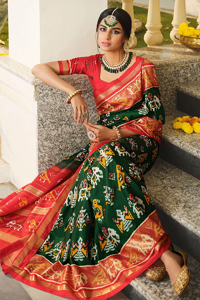 MySilkLove Spring Green and Red Patola Silk Saree