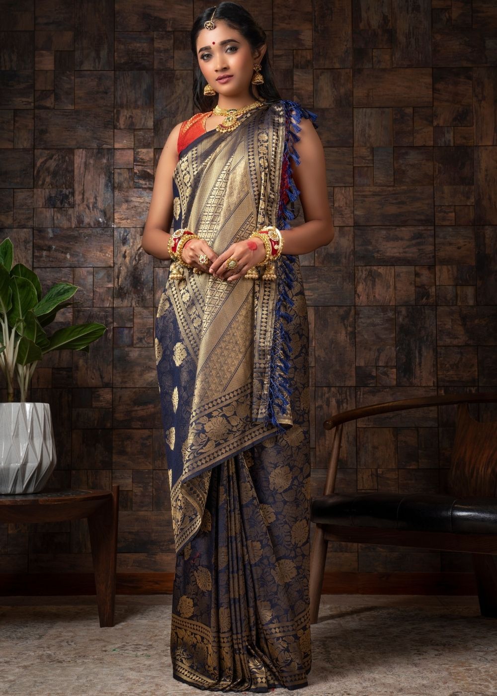 Buy MySilkLove Ebony Clay Blue Zari Woven Kanjivaram Silk Saree Online