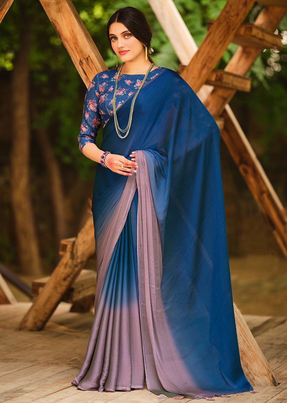 Buy MySilkLove Lynch Blue and Purple Chiffon Saree With Printed Blouse Online