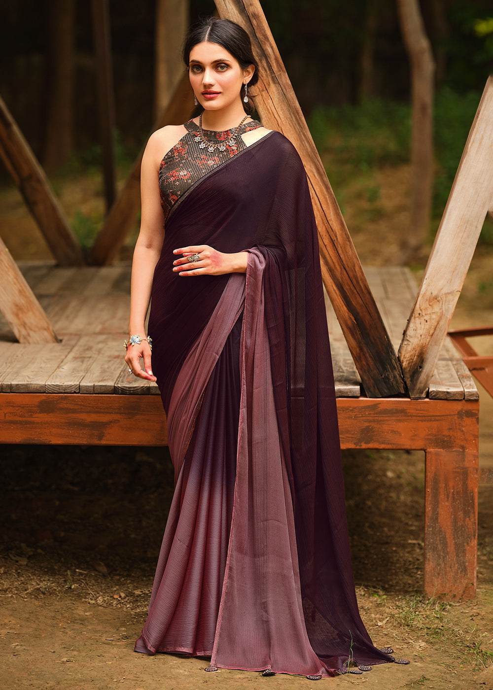 Buy MySilkLove Tamarind Brown  and Purple Chiffon Saree With Printed  Blouse Online