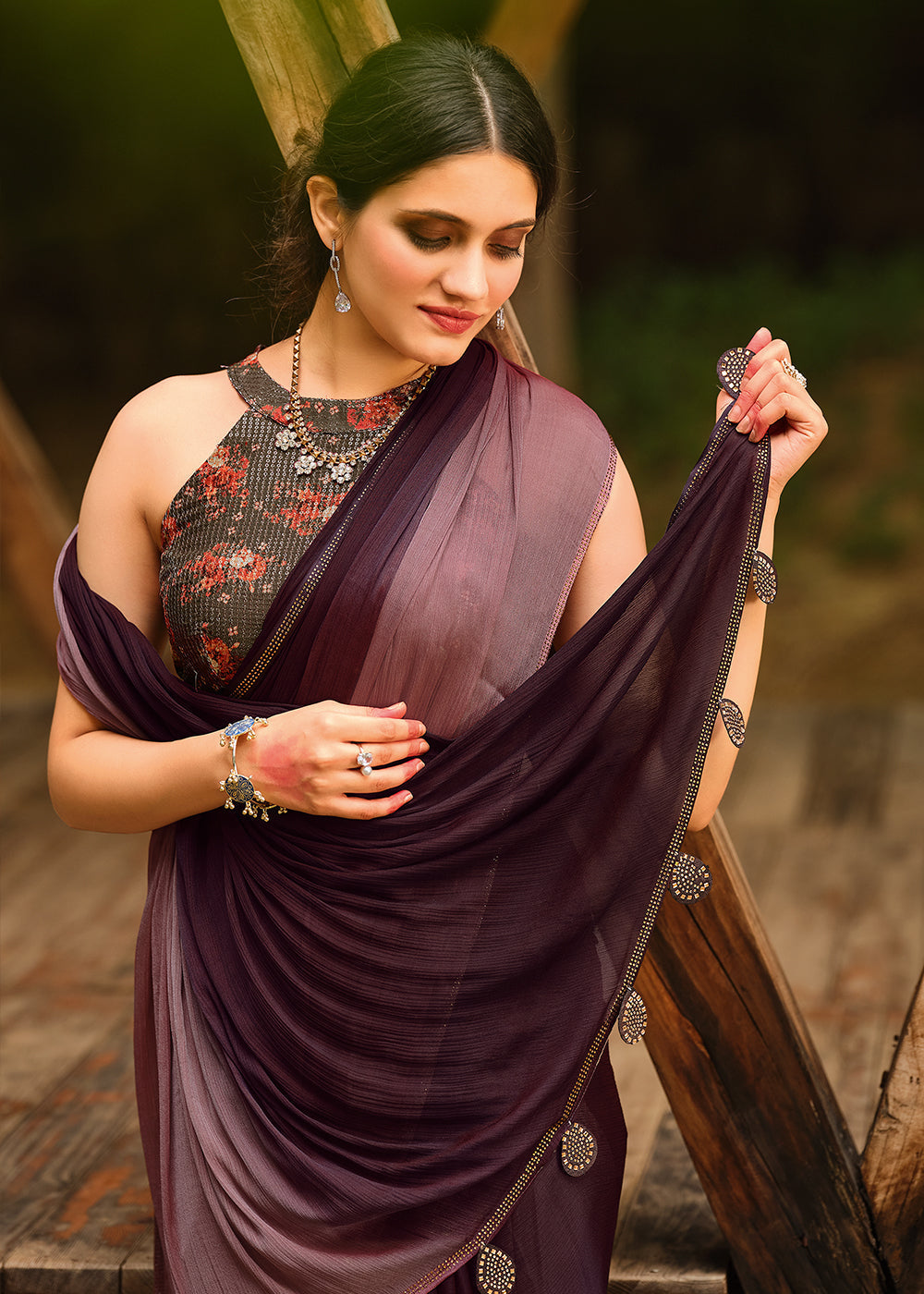 MySilkLove Tamarind Brown  and Purple Chiffon Saree With Printed  Blouse