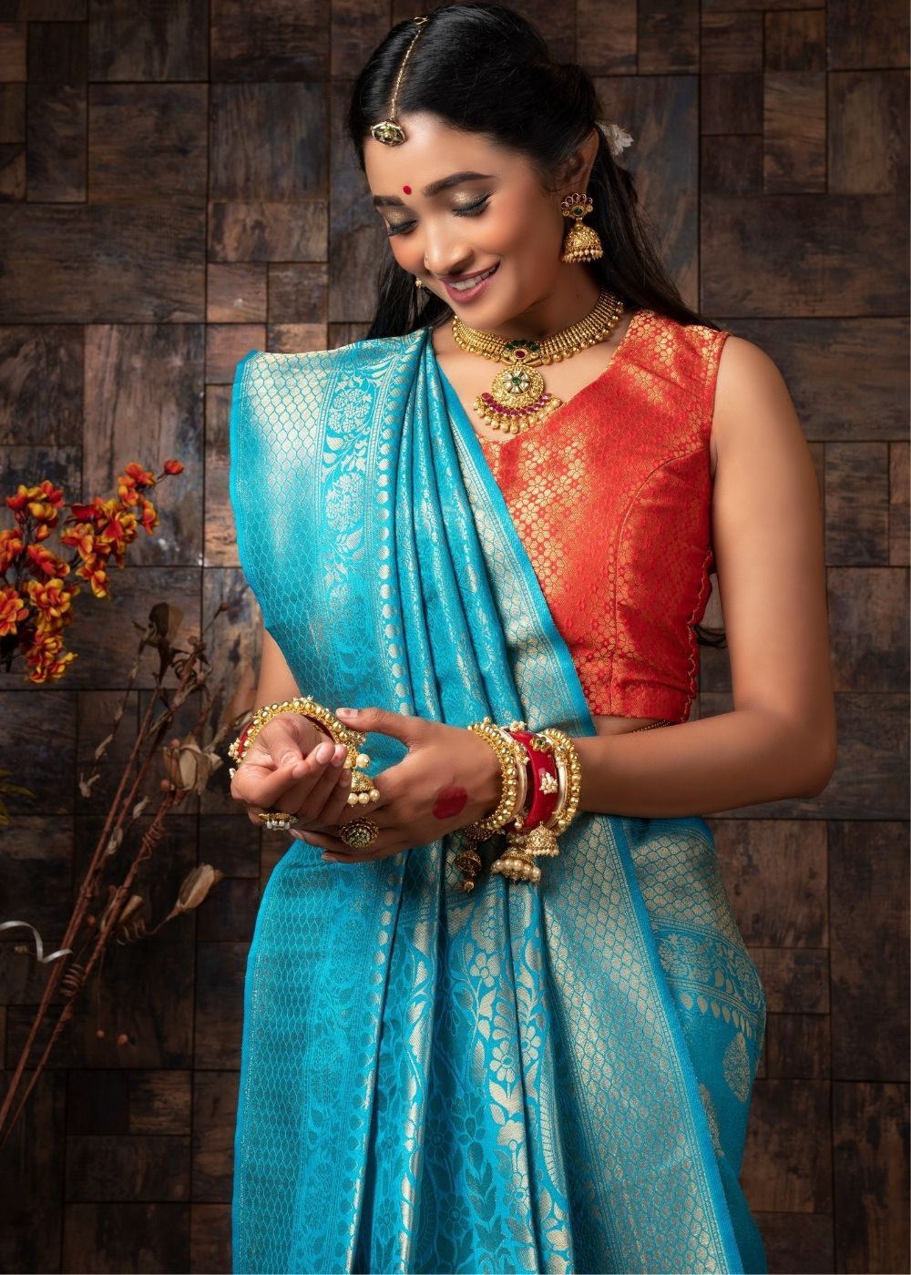 Buy MySilkLove Turquoise Pearl Blue Zari Woven Kanjivaram Silk Saree Online