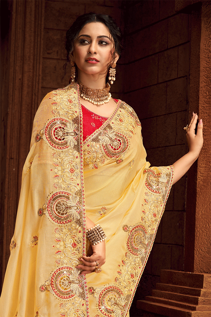 Buy MySilkLove Cream Brulee Yellow Zari Woven Organza Saree Online